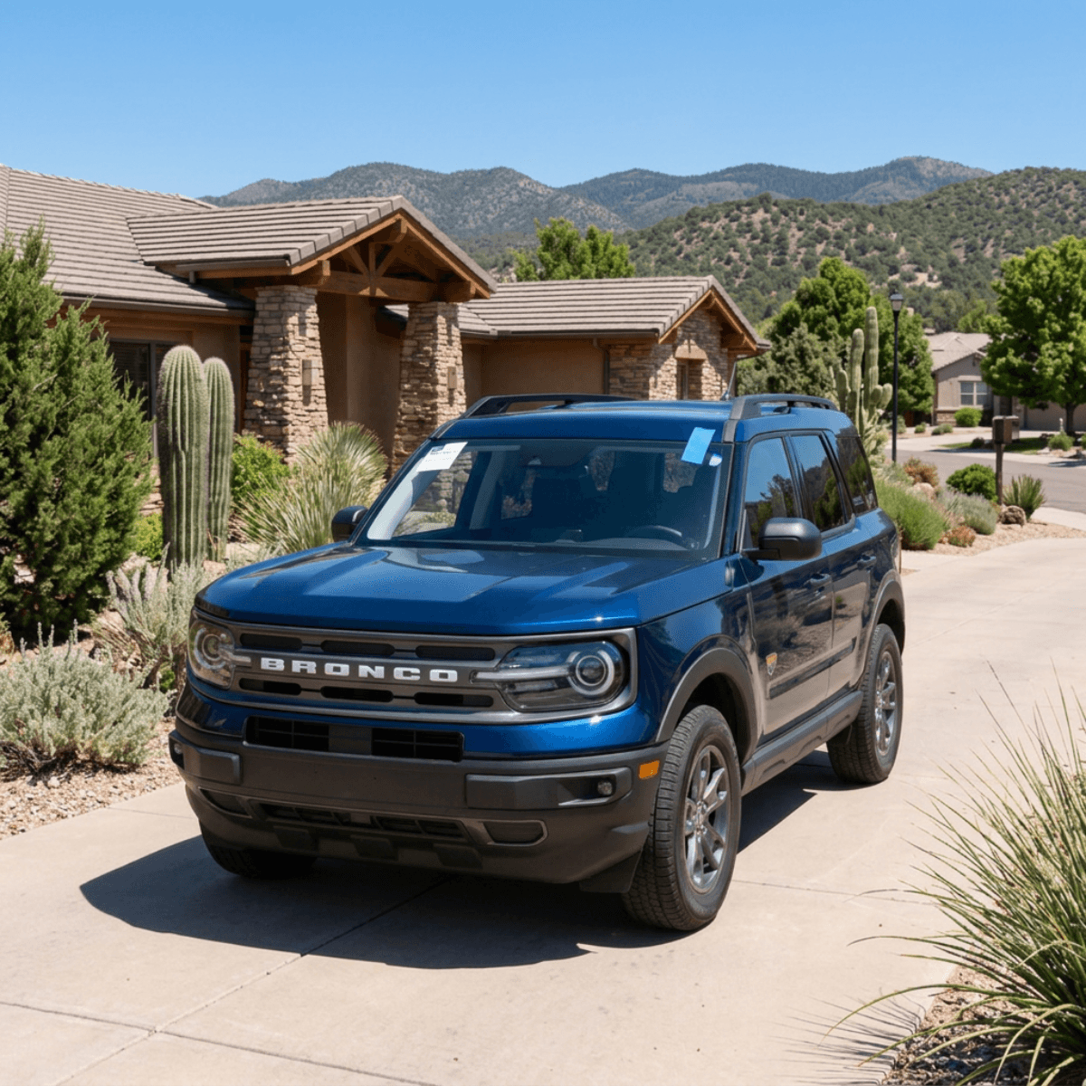 Blue Ford Bronco Sport with a sturdy new windshield installed along a tree-lined Prescott, Arizona street