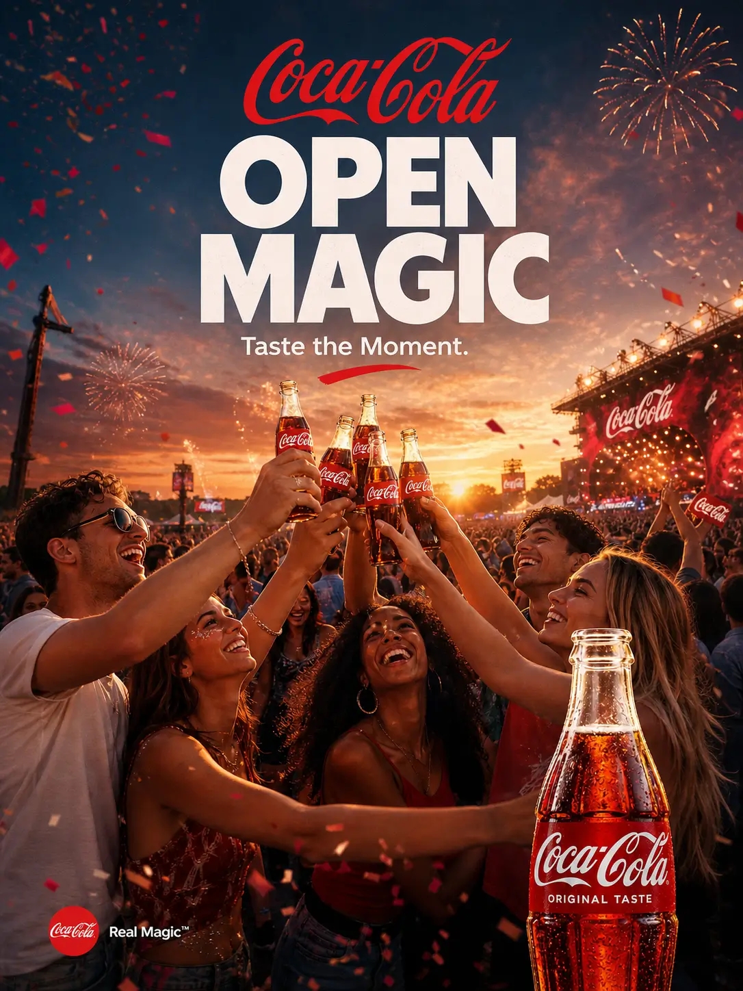 AI-generated Coca-Cola celebration poster showing a joyful crowd raising bottles under a glowing sunset sky, capturing togetherness and festive energy.