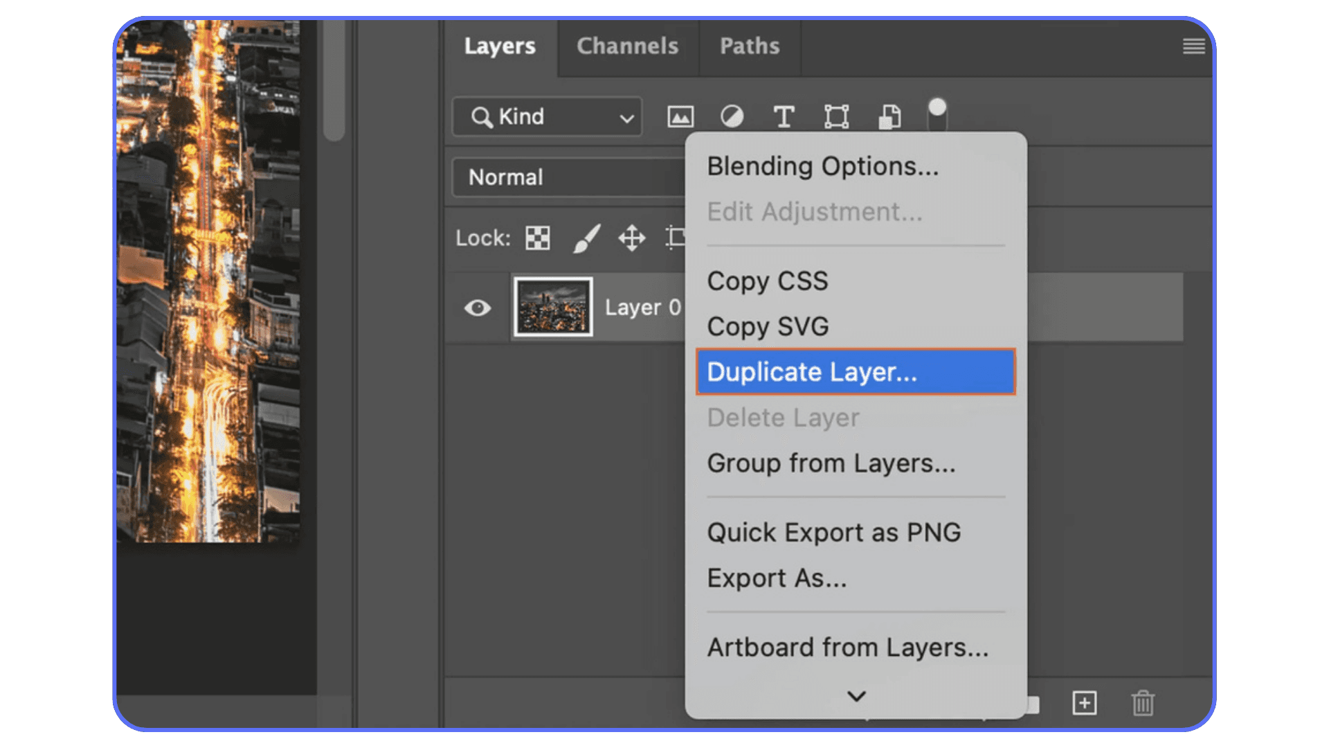 Photoshop Layers context menu with Duplicate Layer highlighted, ready to clone the current layer.