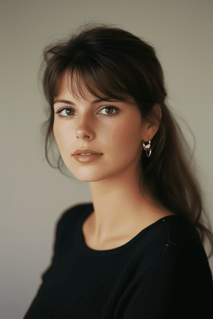 Headshot of a young woman with brown hair styled in a low ponytail and bangs. She's wearing a black shirt and hoop earrings.