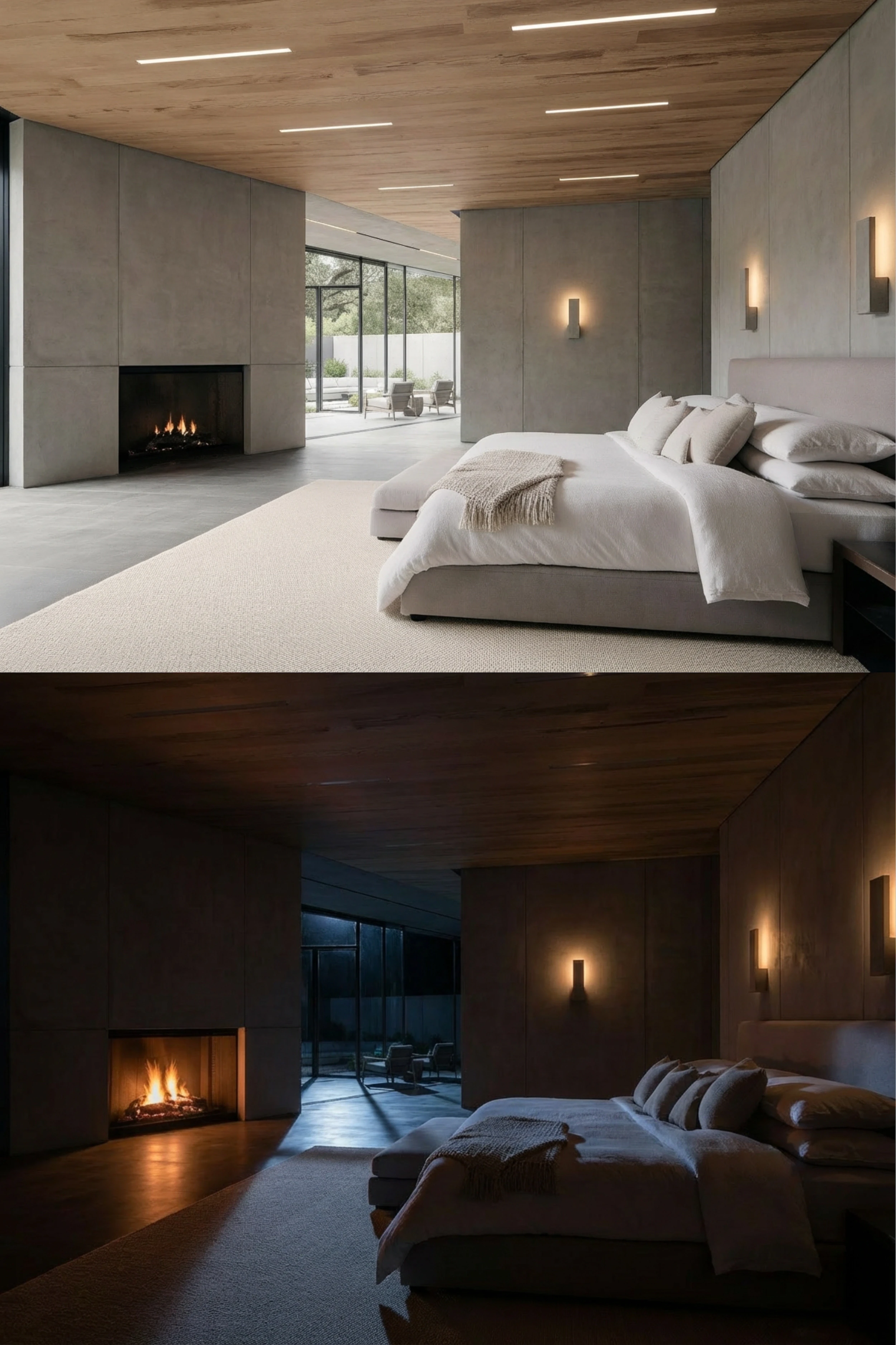 Interior bedroom scene with natural and low-light atmosphere variations.