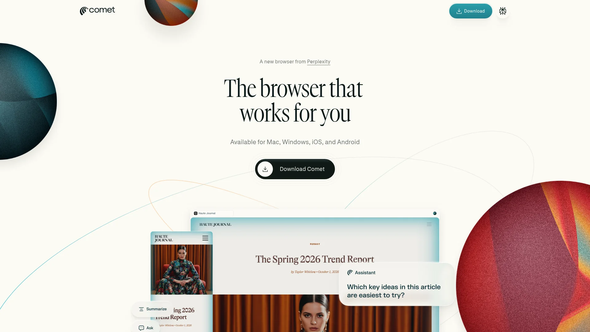 Perplexity Comet AI browser landing page showing agentic browsing features