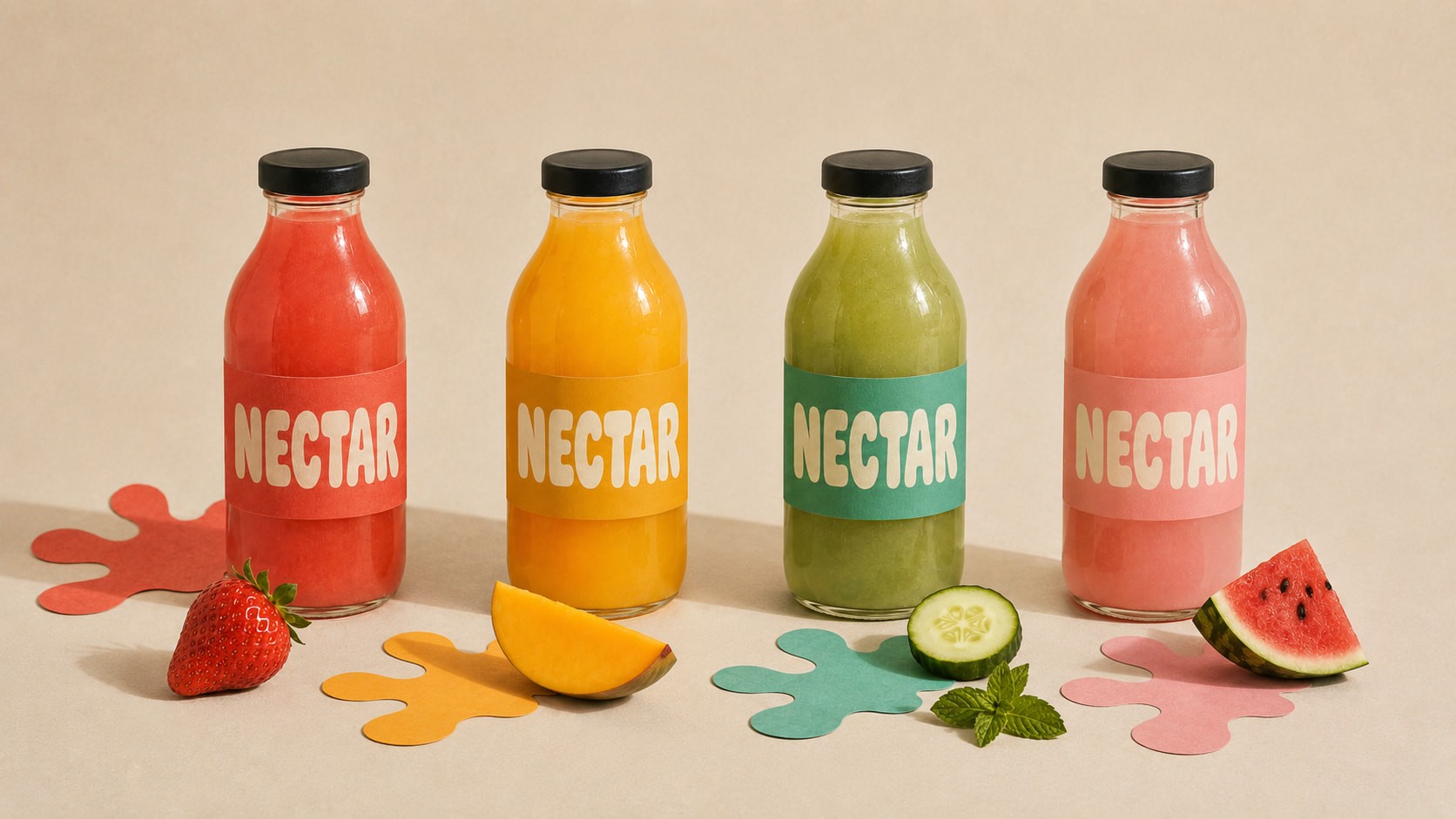 Four colorful juice bottles labeled "Nectar" are aligned on a neutral background. Each bottle is paired with matching fruit: strawberry, mango, cucumber, and watermelon.