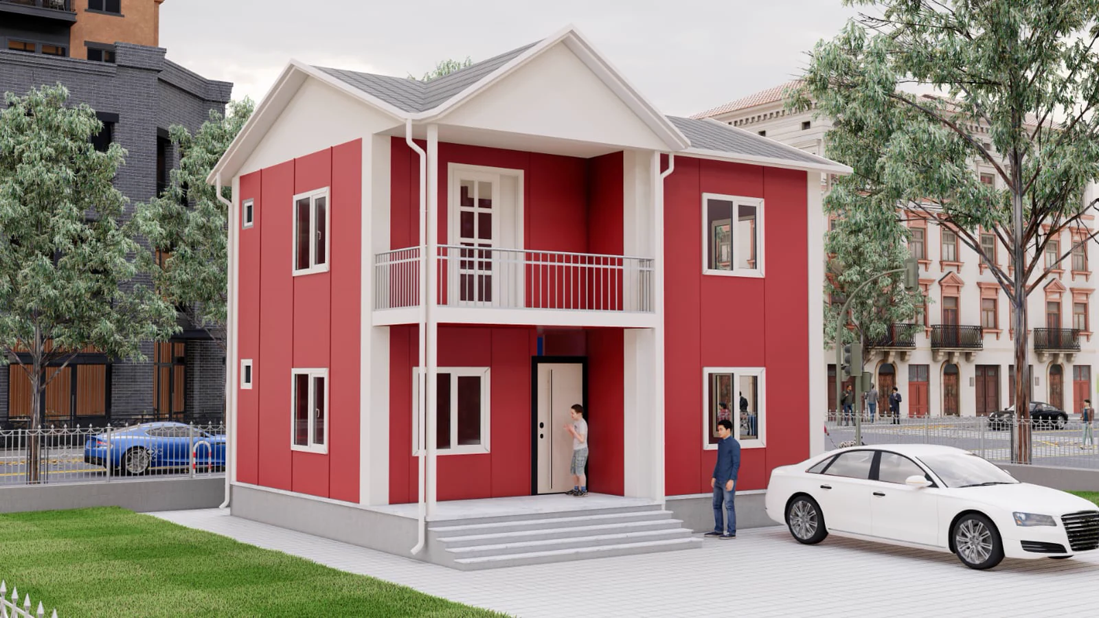 Casa prefabbricata rossa su due livelli con rifiniture bianche, realizzata per l'esclusiva collezione Steel House.