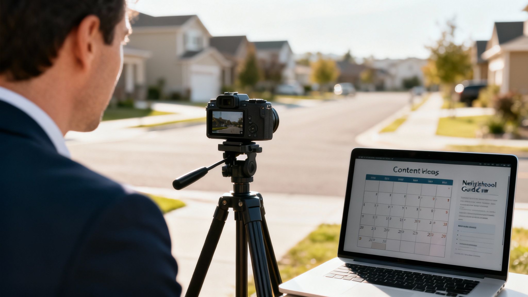 Real estate agent filming a neighborhood guide video with a camera and planning content on a laptop.