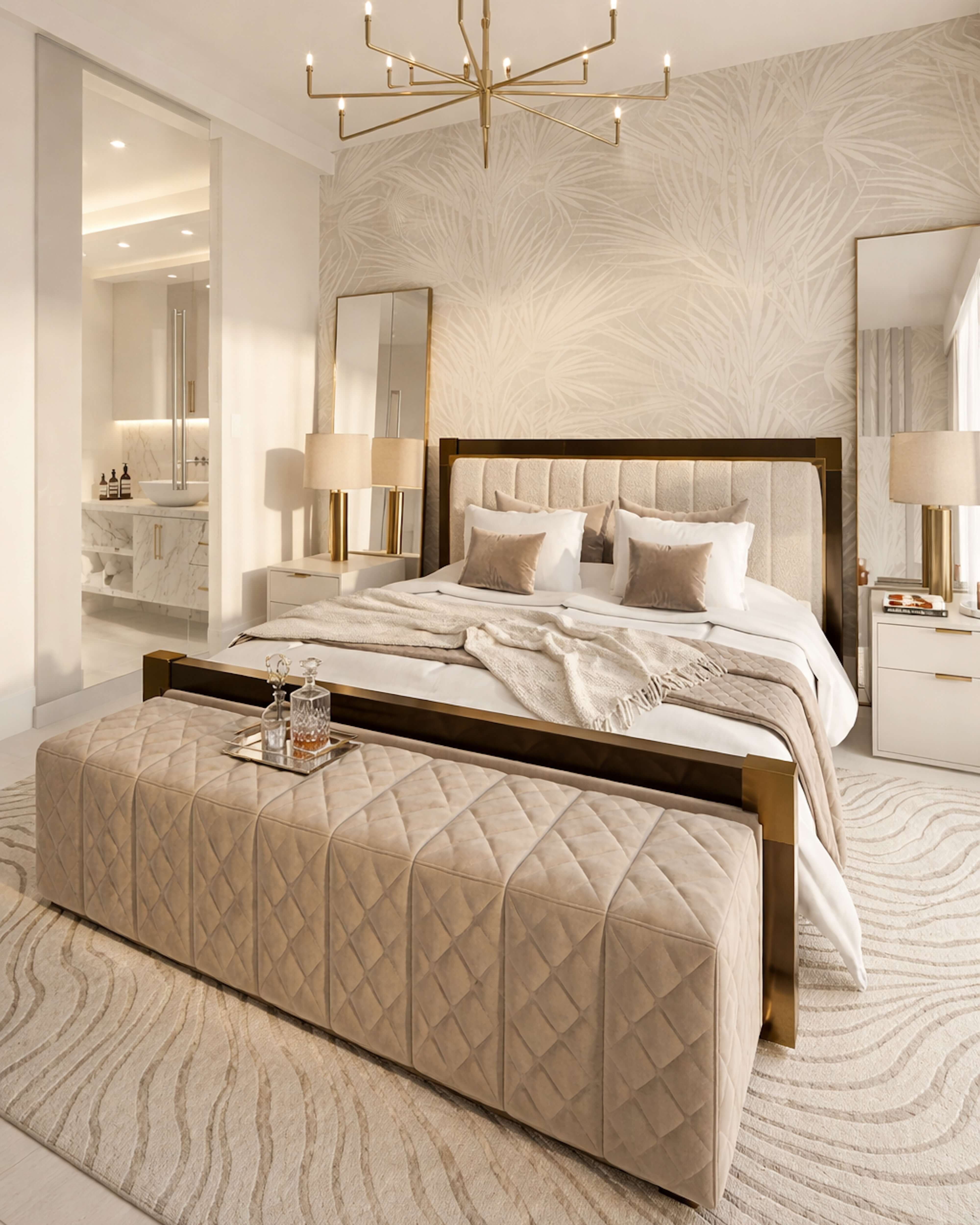 Luxury coastal primary bedroom with warm neutrals, palm wallpaper, upholstered bed, and soft layered textures