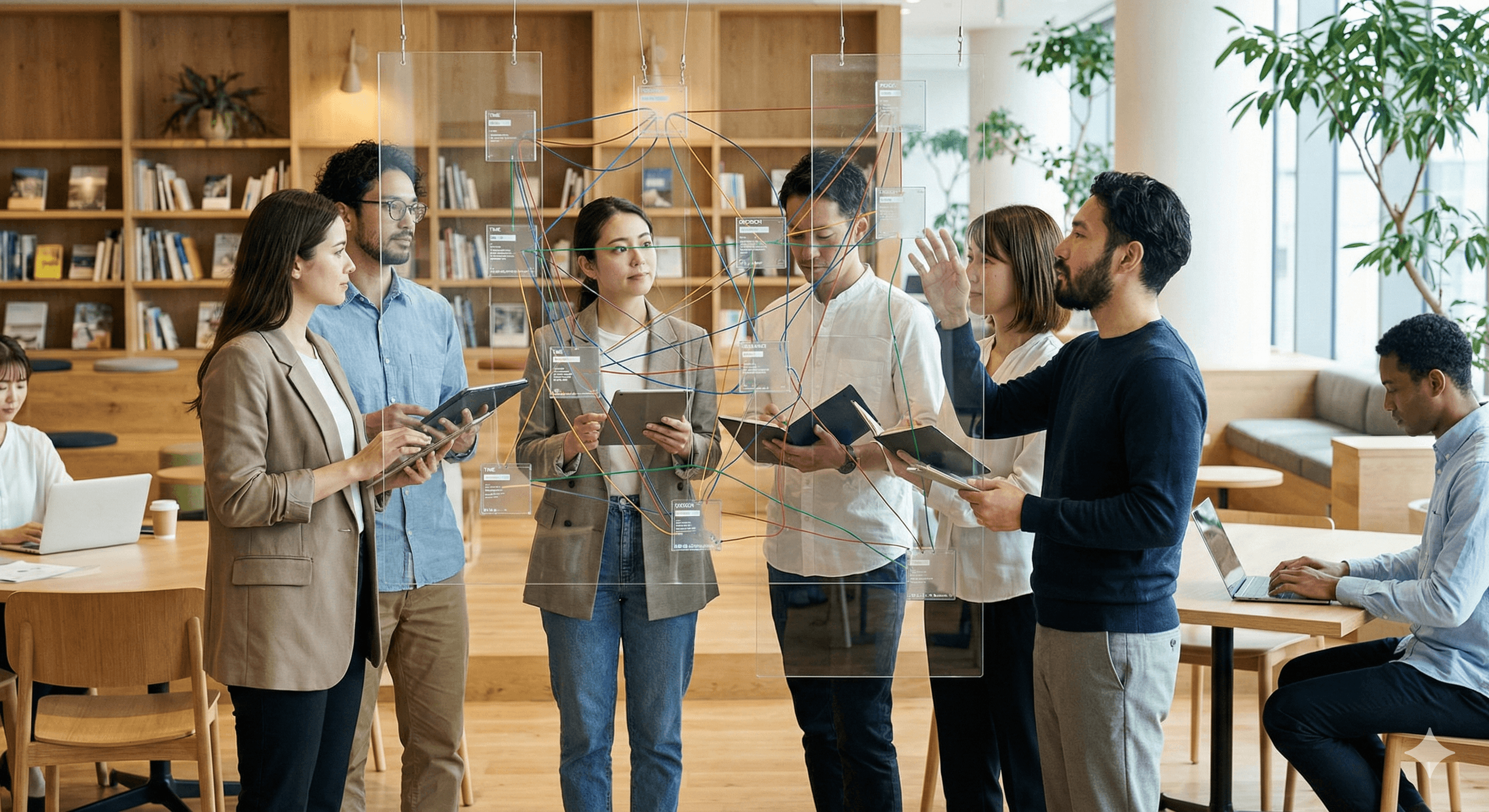 A diverse group of professionals in a modern library space examines a transparent digital interface displaying a complex network of colorful lines, representing context graphs and symbolizing advancements in AI technology and knowledge sharing.
