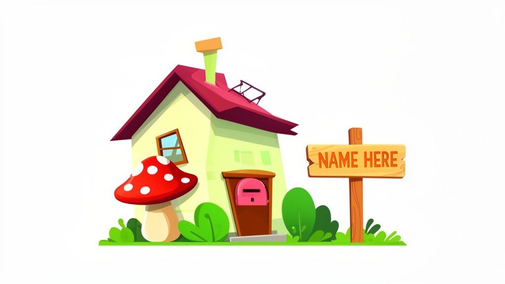 A charming cartoon house with a red roof, mushroom, mailbox, and a wooden 'NAME HERE' sign.