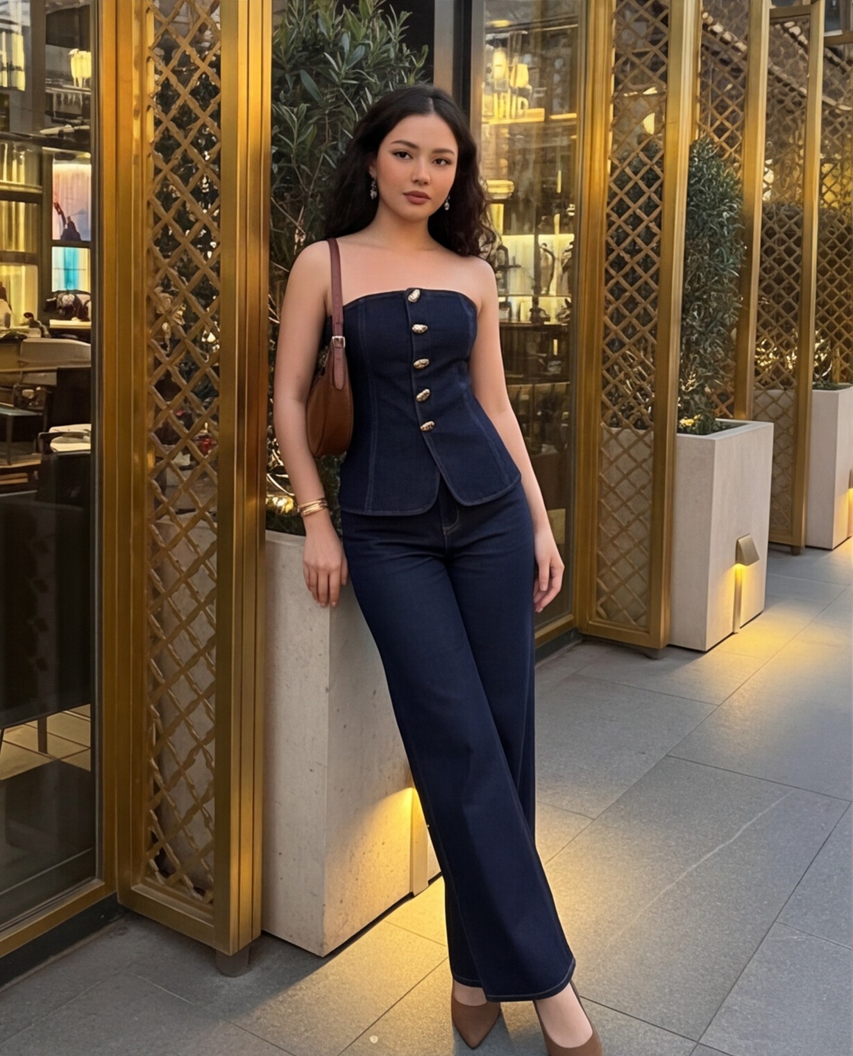 Navy Structured Corset Top with Dark Fitted Jeans