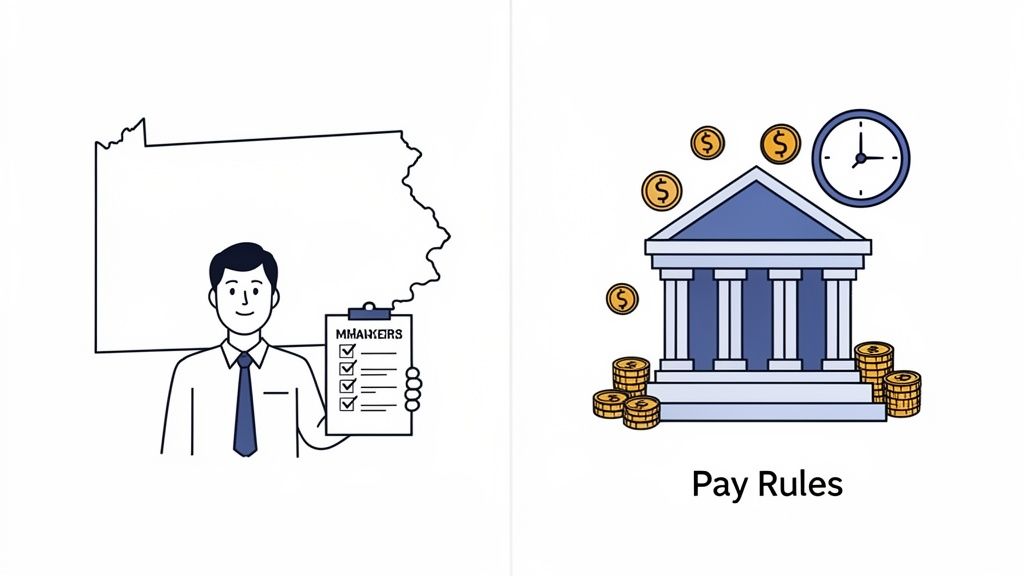 A graphic depicting a lawmaker with a checklist over a state map, and a bank building with money and a clock, with 'Pay Rules' text.