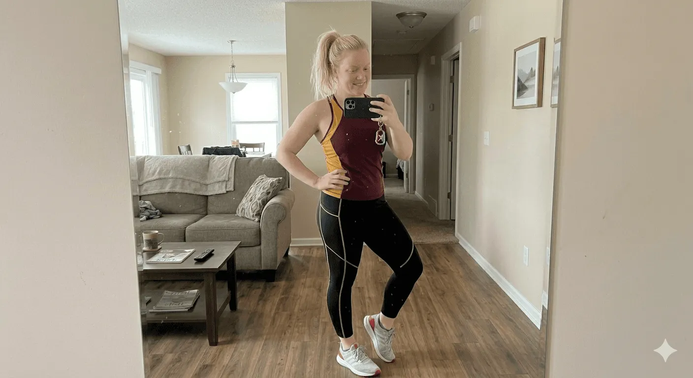 Woman in burgundy top after completing 100-day home workout transformation showing visible body results