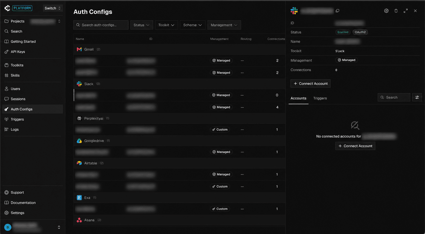 Connect Account on the auth config