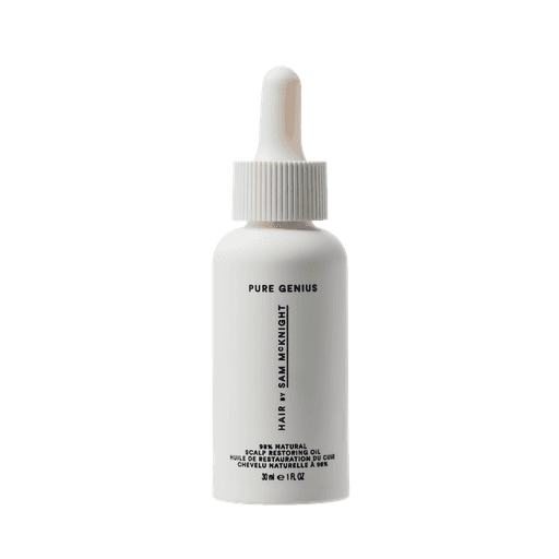 Award-winning Hair by Sam McKnight Pure Genius Scalp Oil housed in a white VIVOMER dropper bottle. This demonstrates VIVOMER's ability to safely package active cosmetic liquids in a completely plastic-free, shelf-stable format.