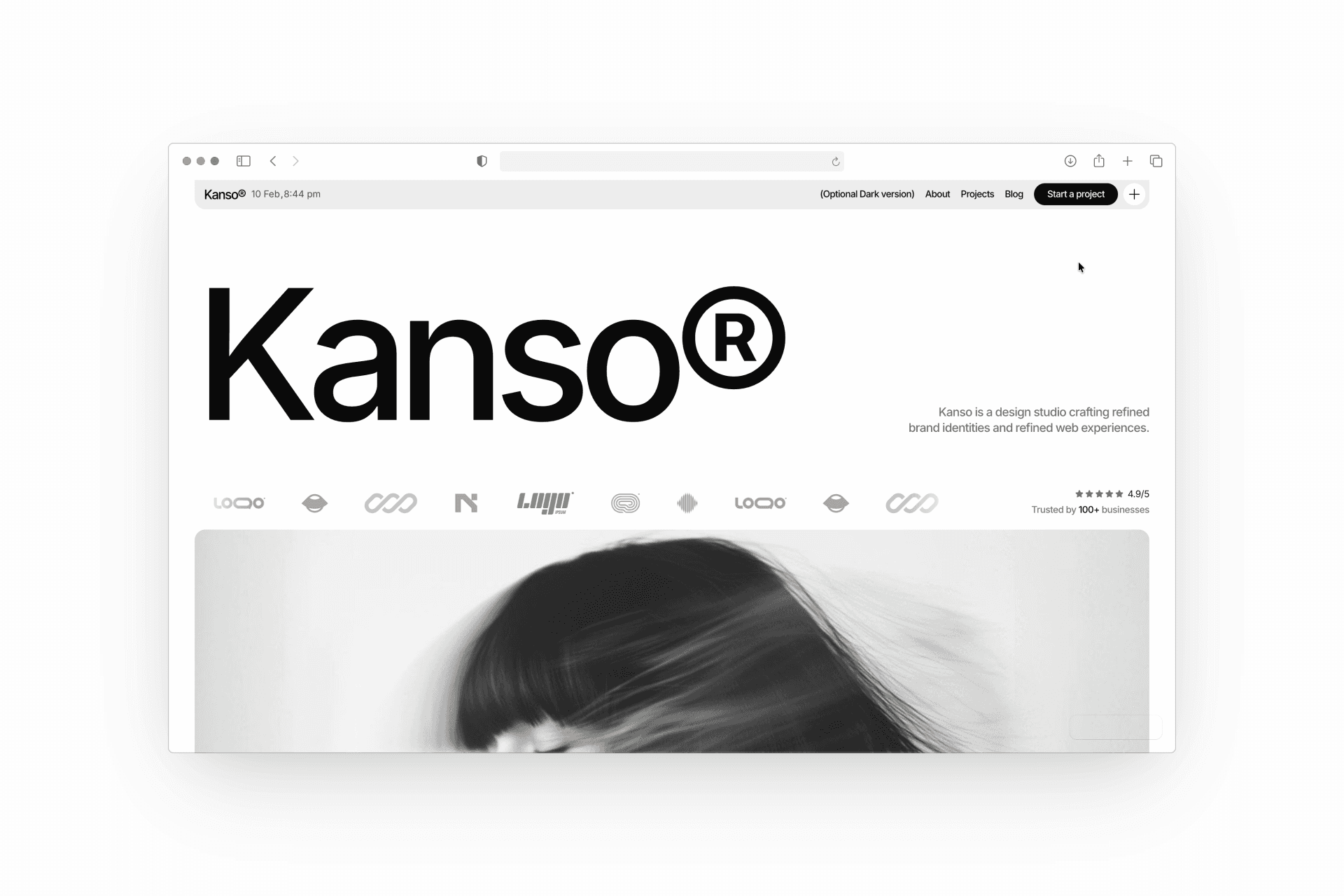 Kanso Framer template homepage hero section mockup