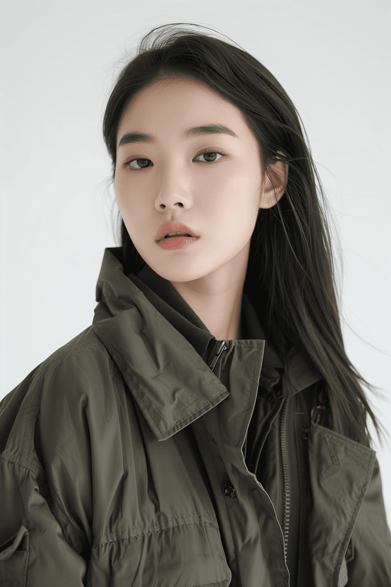 Portrait of a woman with long dark hair wearing an olive green jacket.