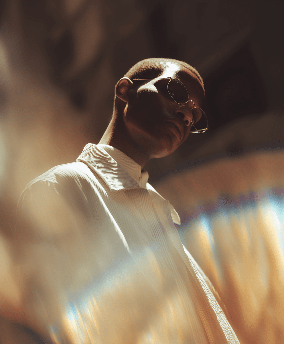 A low angle shot of a man pausing dynamically