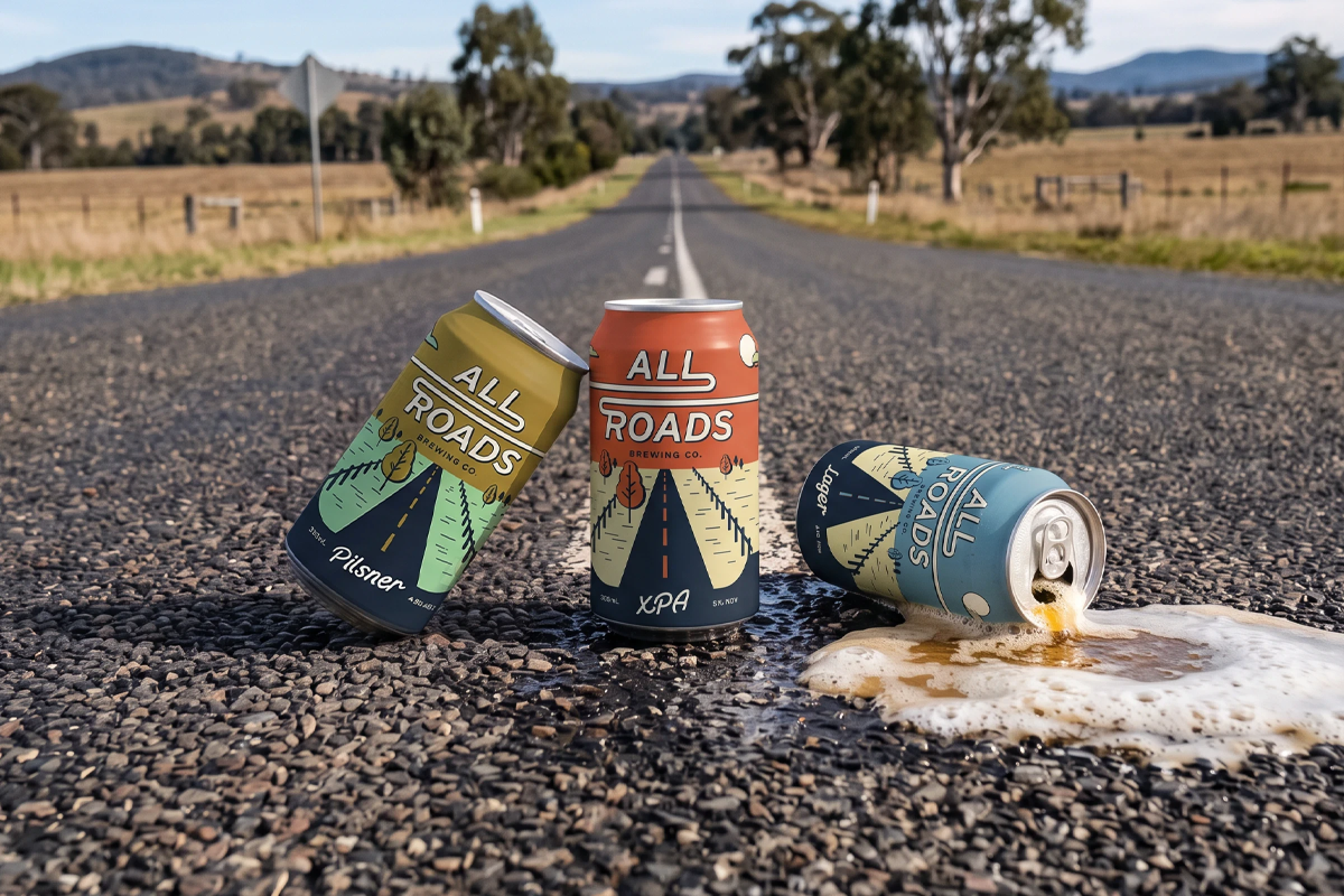 All Roads Brewing Co. Pilsner, XPA and Lager cans on a rural road