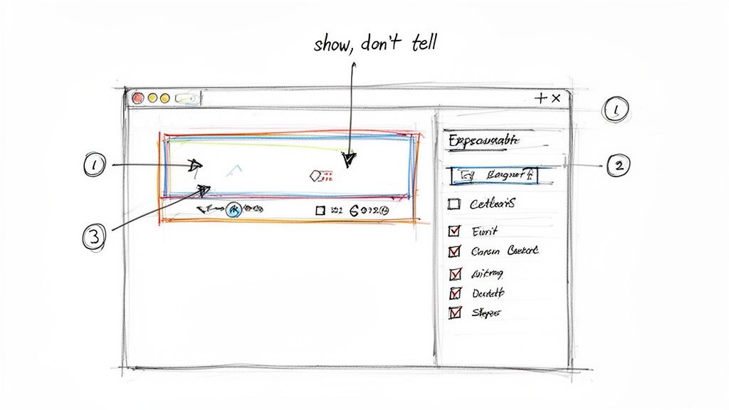 Hand-drawn sketch of a desktop application UI, illustrating content organization and design elements.