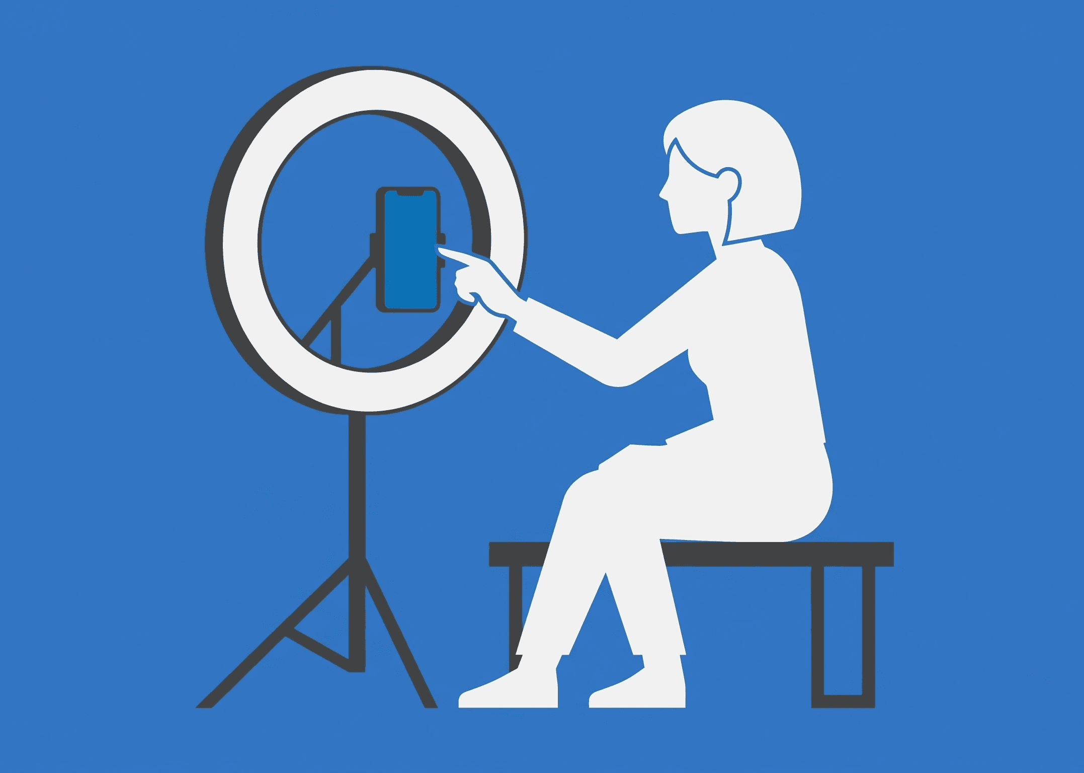 Ilustração de mulher sentada gravando conteúdo com celular em frente a uma iluminação circular, representando produção de vídeos para redes sociais.