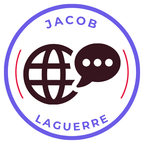 Jacob Laguerre logo featuring a globe and speech bubble inside a circular design.