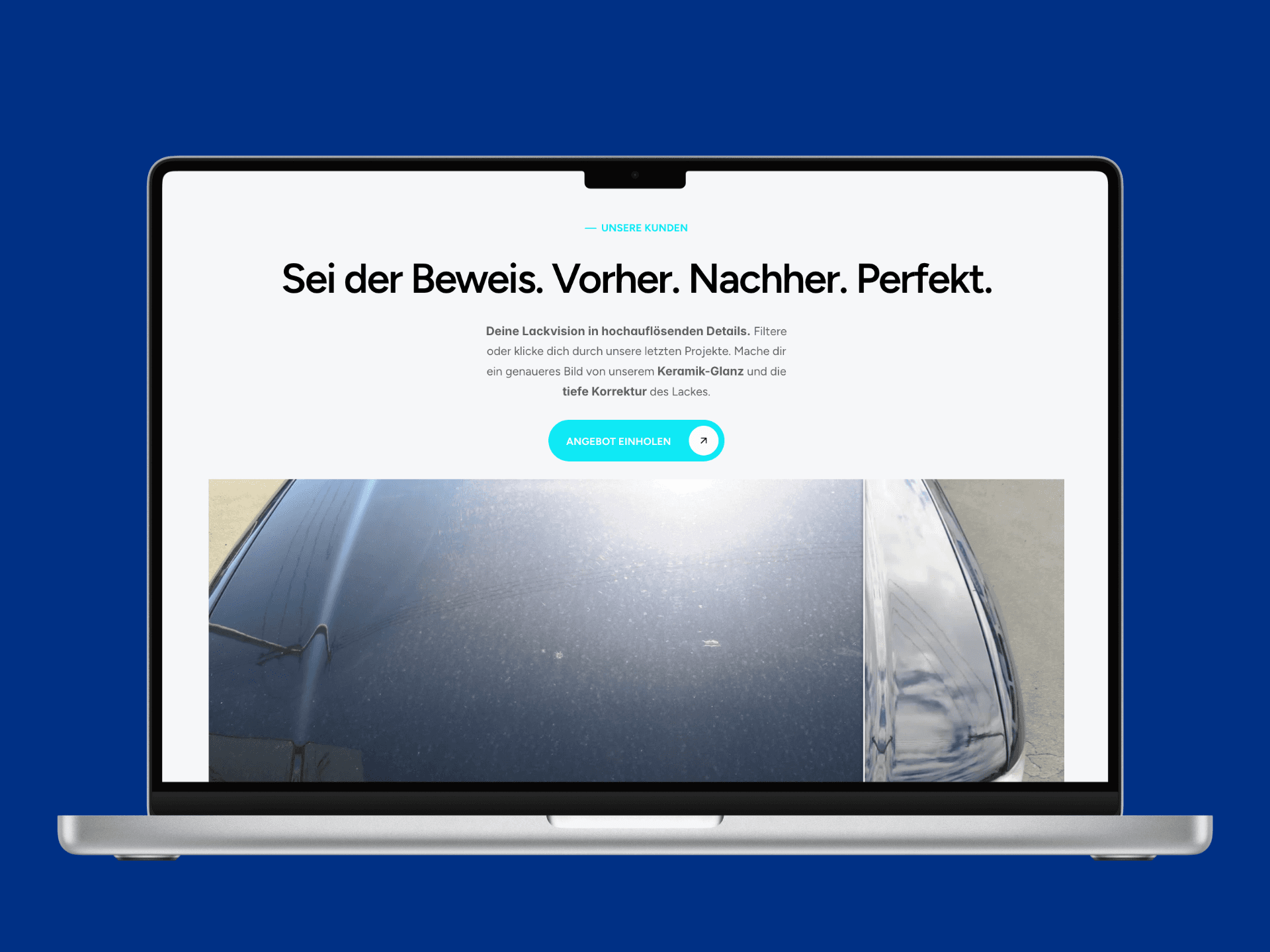 Dieses Bild zeigt den Hero der Startseite mit dem Claim „Dein Haar. Dein Stil. Dein Szenhaario.“ und einer kurzen Einleitung zum Angebot des Salons. Darunter sind drei große Vorher‑/Nachher‑ähnliche Hairstyling‑Fotos angeordnet, während oben der Call‑to‑Action „Jetzt Termin buchen“ mit der Telefonnummer hervorgehoben ist, um sofortige Kontaktaufnahme per Anruf zu fördern.
