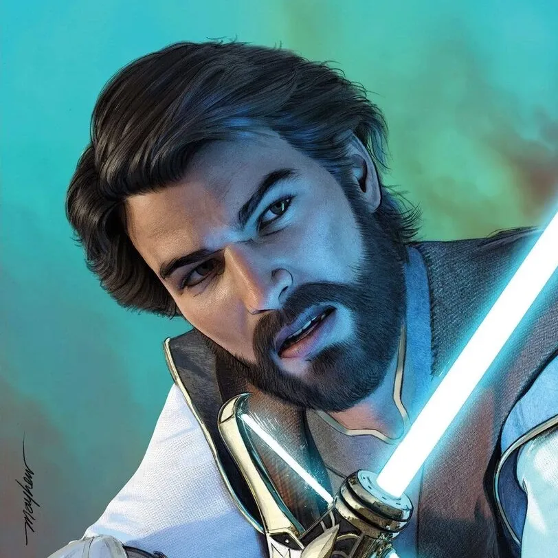 Jeid Master Stellan Gios wielding a crossguard blue lightsaber