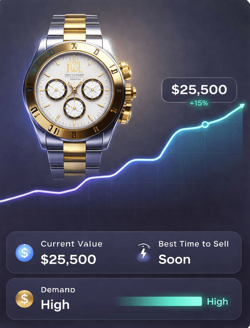 Adios inventory card for a valuable watch showing its current calue, demand, and change in value over time.