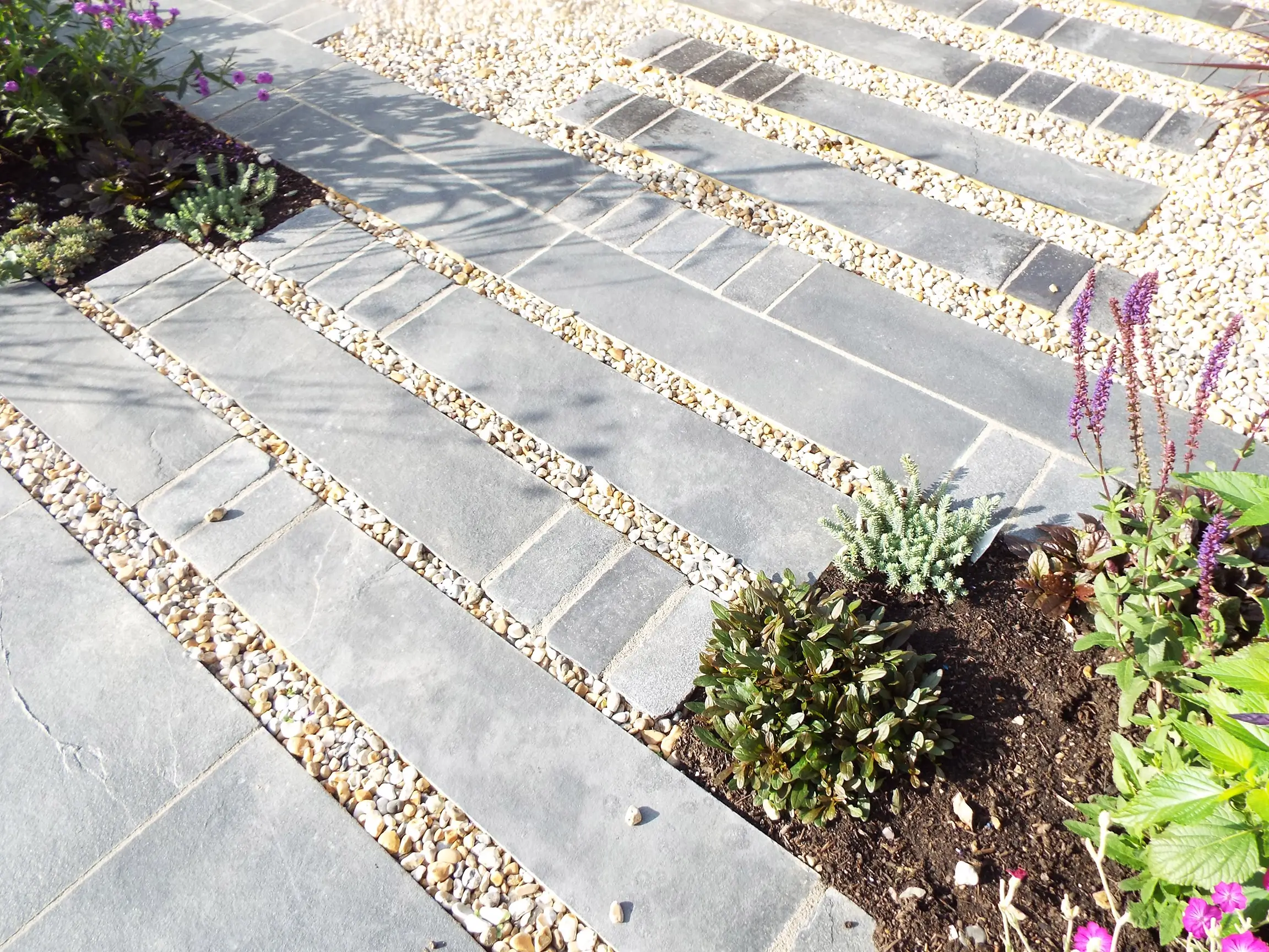 A pathway made of stone steps surrounded by green plants and small flowers in sunlight.