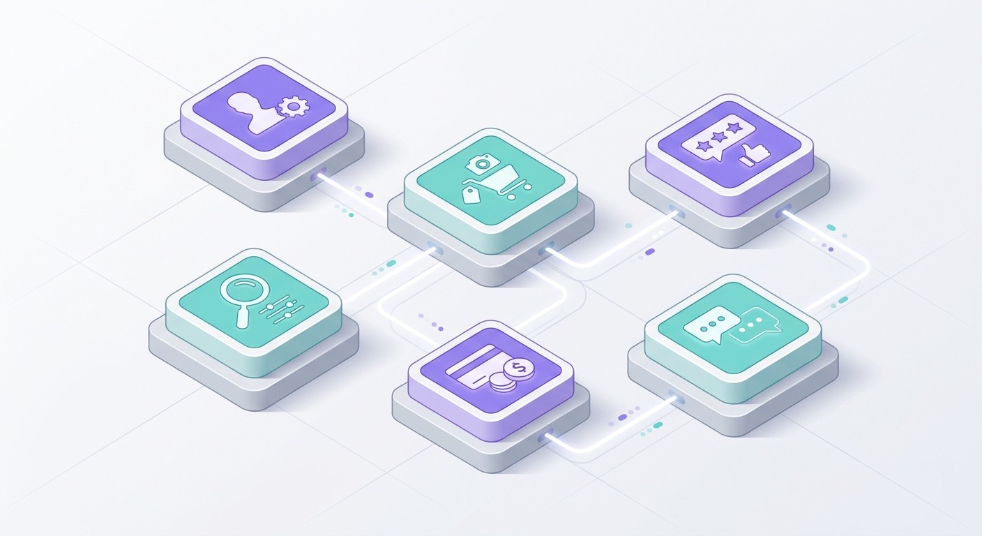 Isometric illustration of marketplace app building blocks: profiles, listings, search, payments, and reviews