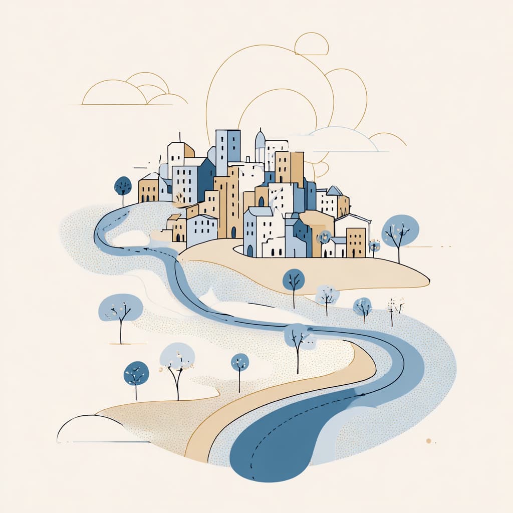 Künstlerische Darstellung einer kleinen Stadt auf einem Hügel mit einer gewundenen Straße und Bäumen