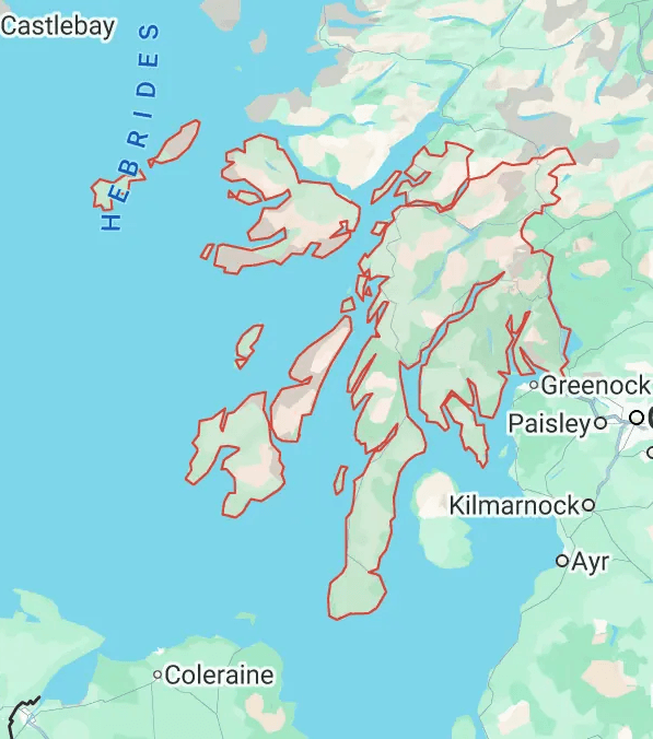 Map of Argyll and Bute showing the council area boundary, main road links, towns, islands and surrounding areas