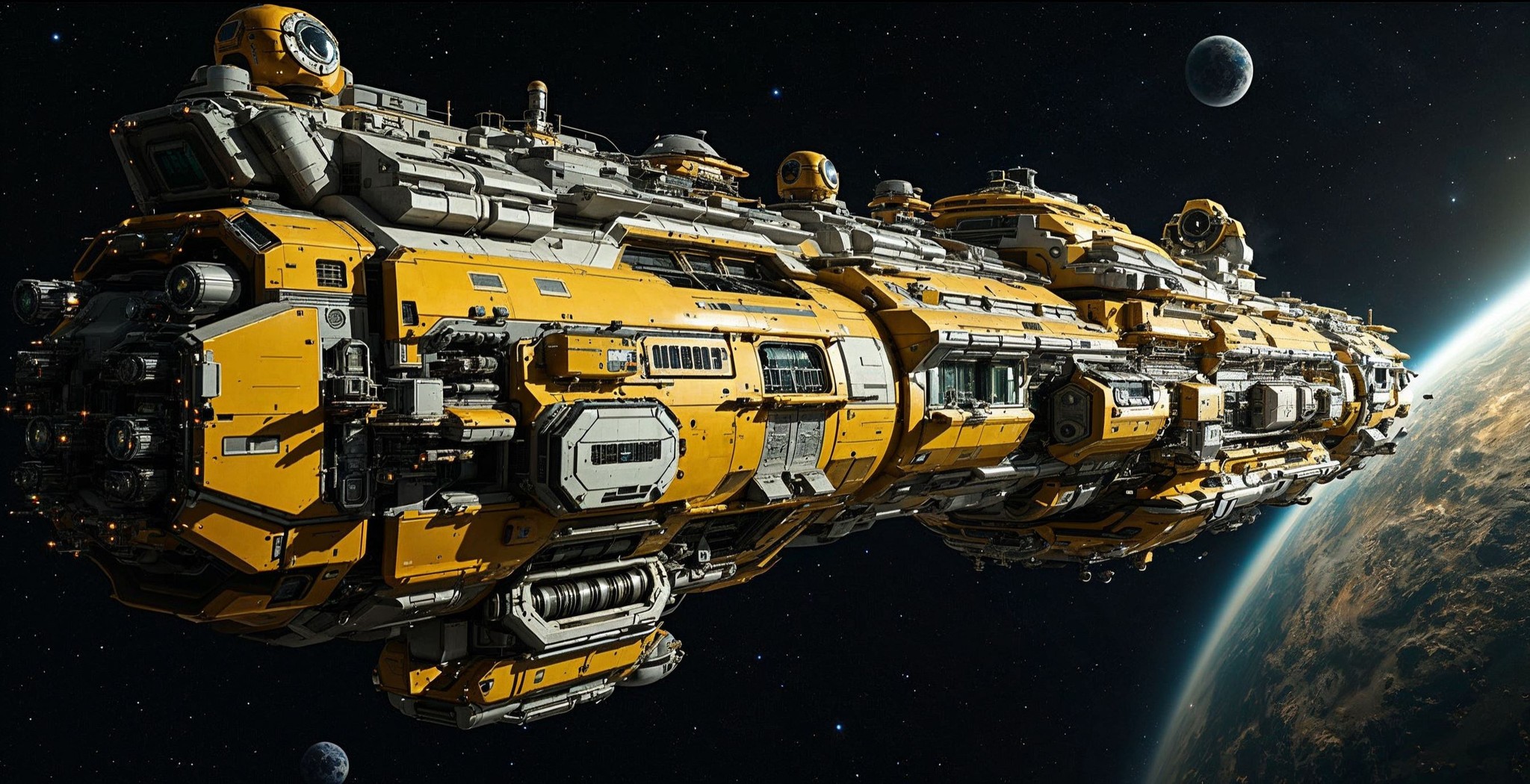 A large, detailed yellow spaceship with multiple compartments and technology equipment travels through space. Planets are visible in the background against a starry sky.