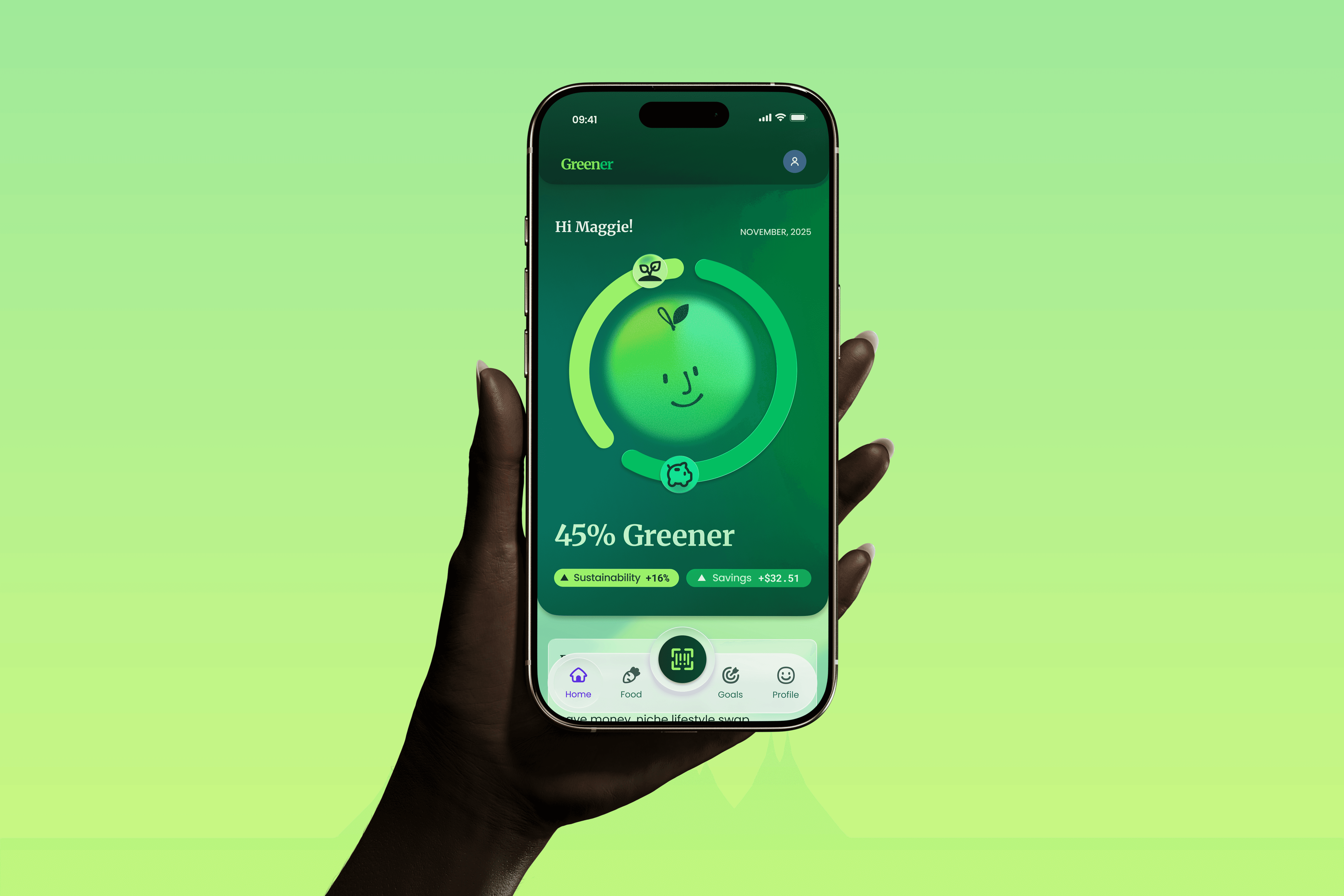 Hand holding a phone with Greener home screen open