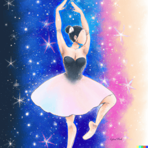 Aspen Kirk’s signed artwork of a Black ballerina against a cosmic blue and pink background.