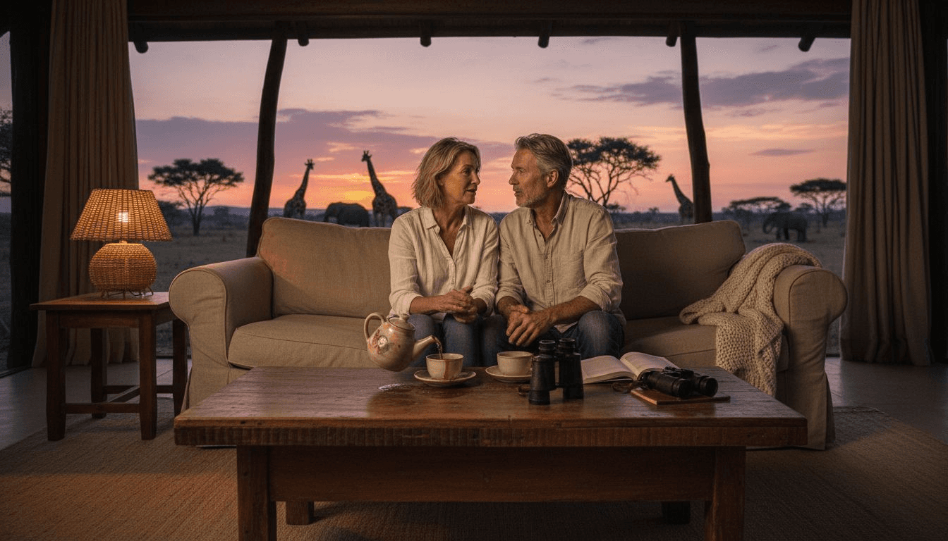 Salon élégant d’un lodge safari, baigné par la lumière dorée du coucher du soleil.