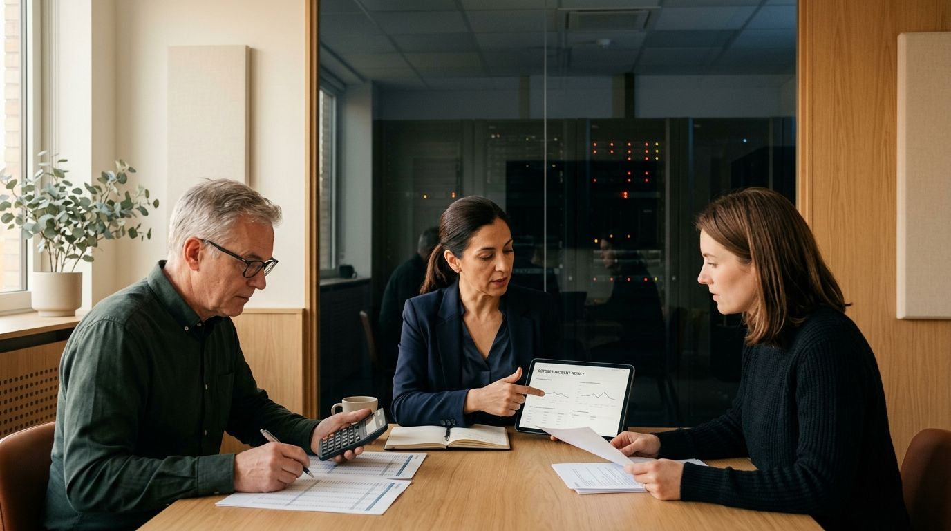 Tres colegas en una reunión de negocios, revisando datos financieros y documentos en una oficina moderna.