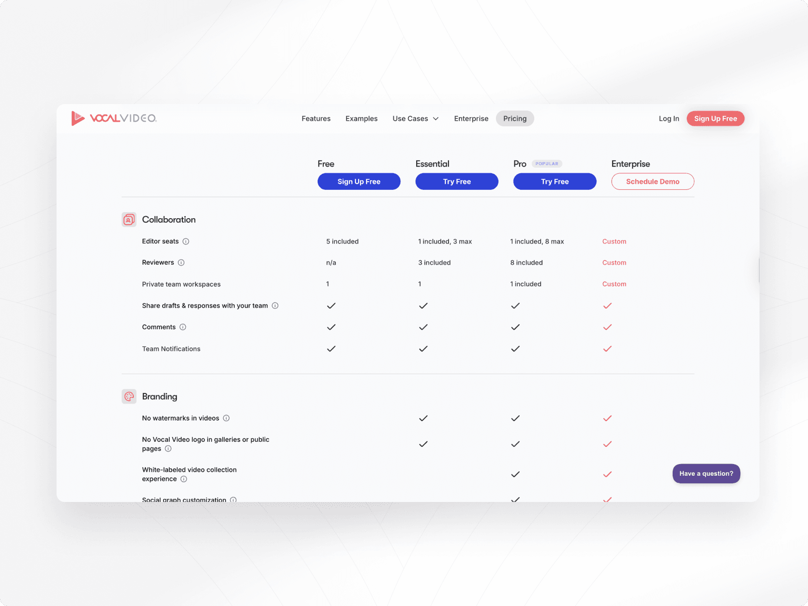 VocalVideo pricing page mockup