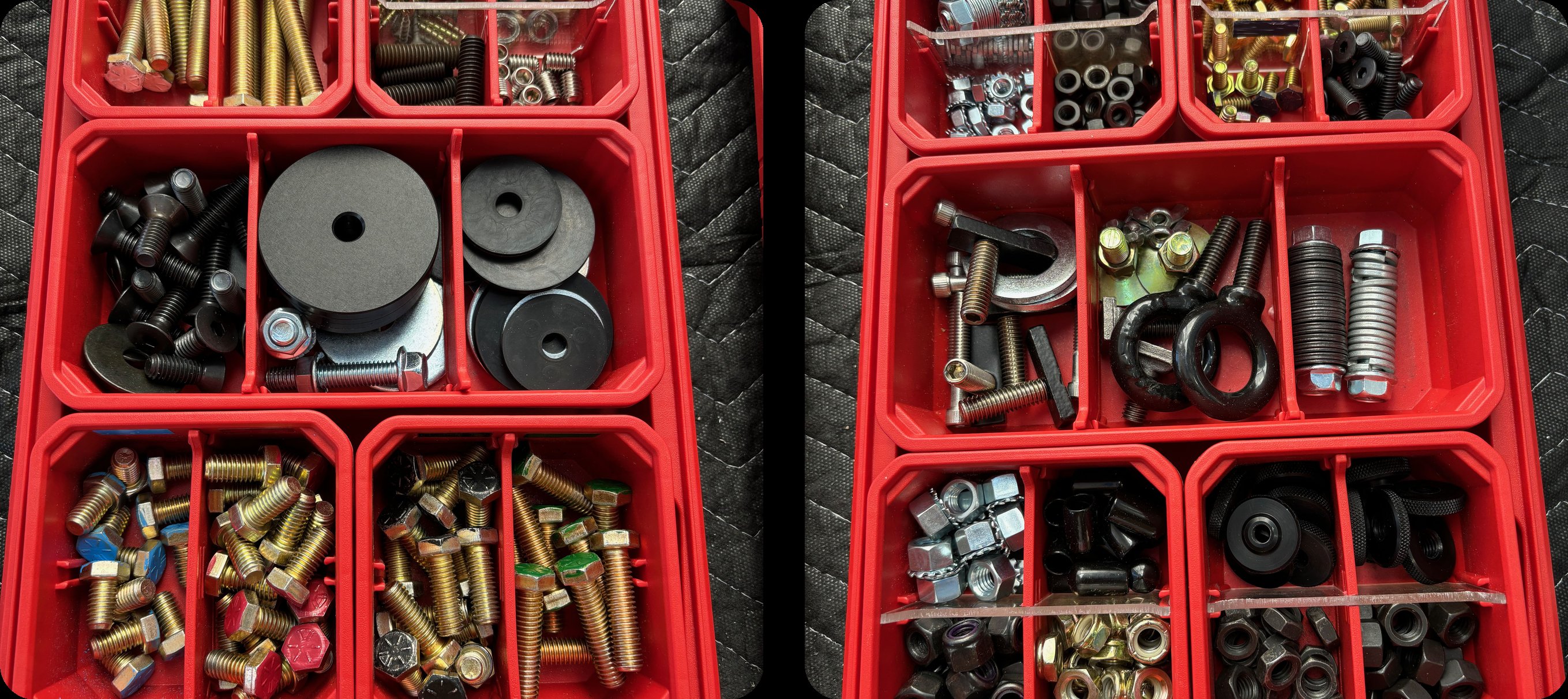Side-by-side view of two red Milwaukee Packout organizers — one filled with bolts, washers, springs, and leveling plates, the other with locking nuts, eye bolts, and grub screws used for coaster rigging