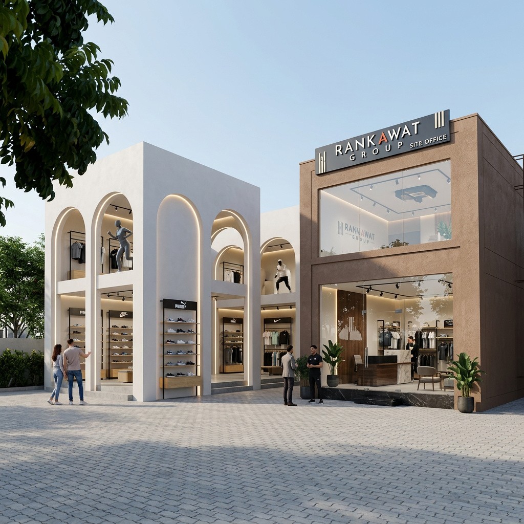 Modern commercial showroom complex “Grand Galleria” by Rankawat Group on Ajmer Jaipur Highway, featuring premium retail spaces with arched architecture, glass-front offices, and branded stores in a landscaped setting.