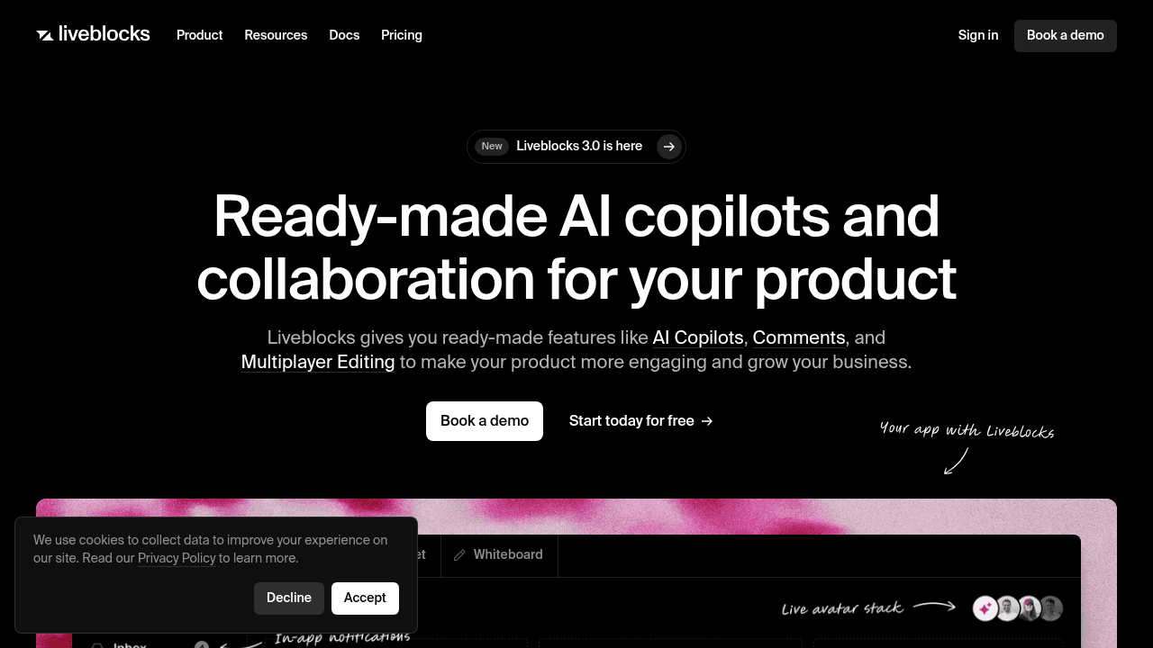 Liveblocks collaborative infrastructure platform homepage featuring real-time synchronization and React development tools