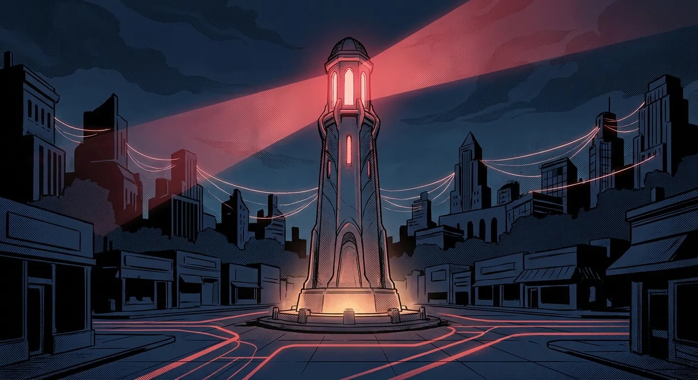 Futuristic cityscape with a glowing tower, symbolizing RockN' Socials Digital Marketing Agency.