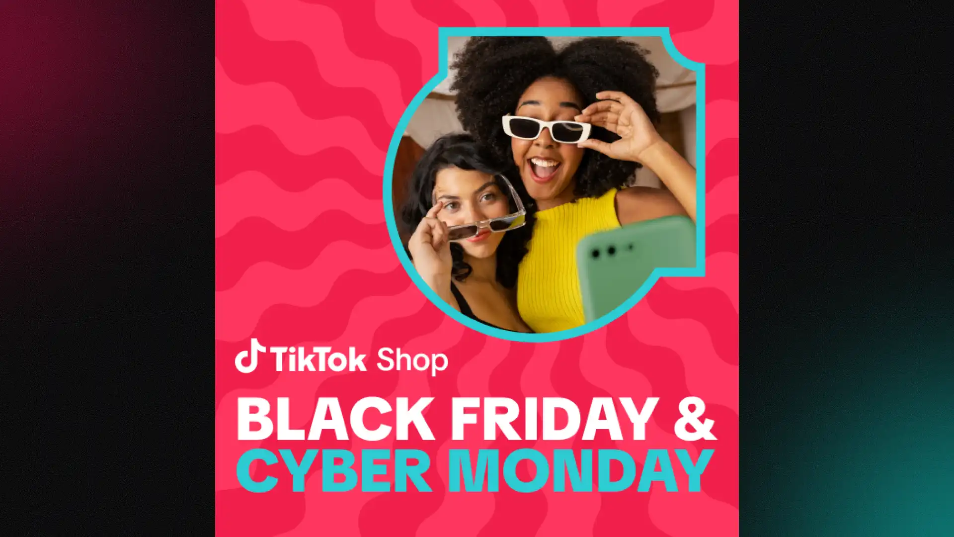 A promotional image for the TikTok Shop Black Friday & Cyber Monday event showing two women shopping for holiday gifts.