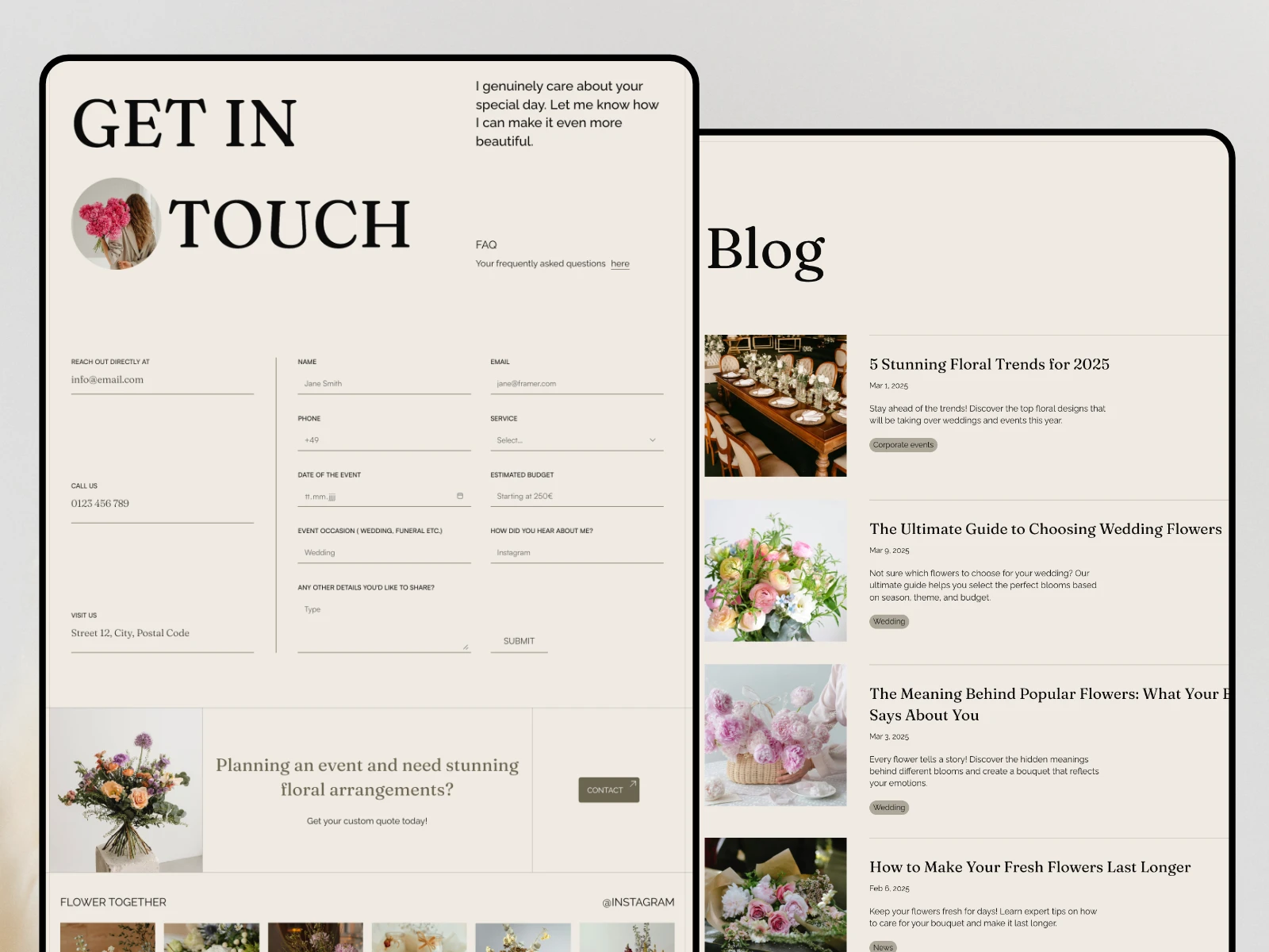Floraly is a Framer portfolio website template for photographers, flower designers, florists and creative businesses.