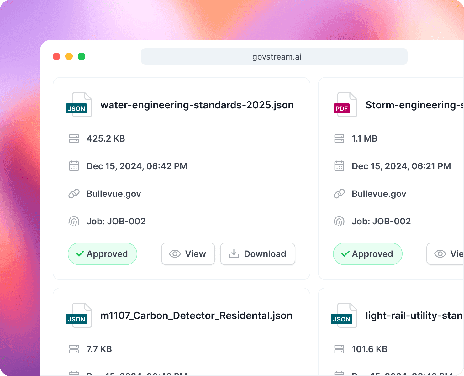 Four approved file cards on GovStream AI interface