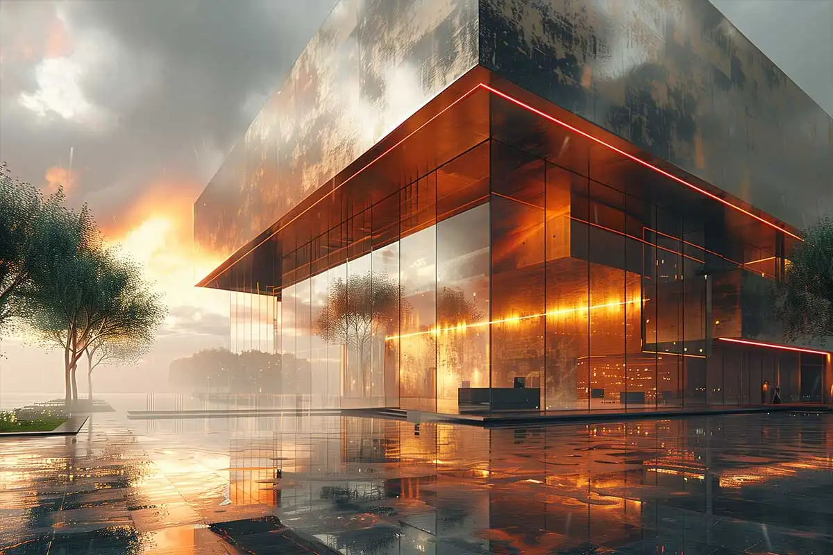 Modern glass building with illuminated facade and trees at sunset