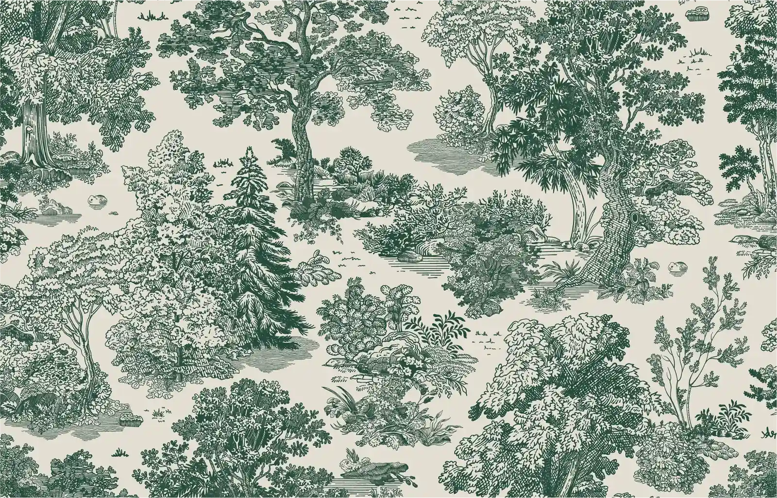 Cream and green toile forest pattern