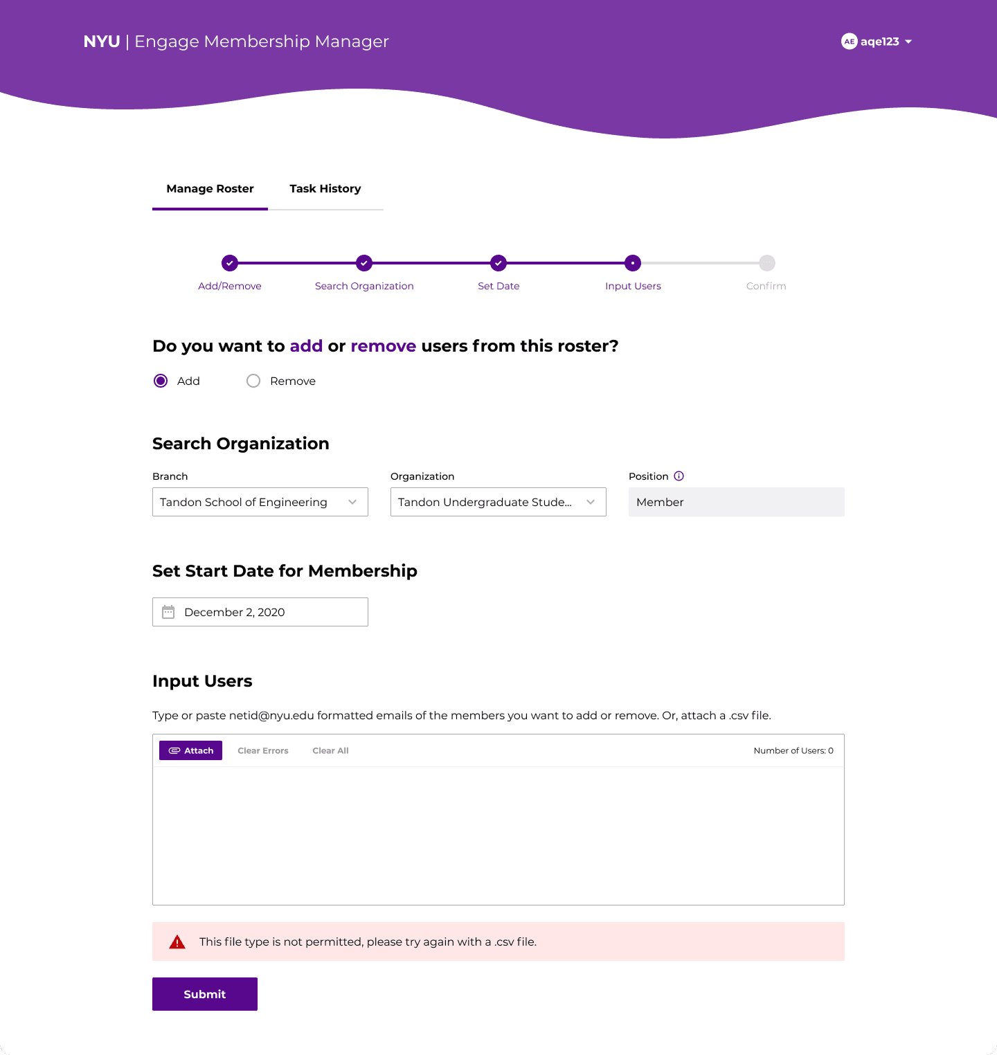 Error message that reads 'This file type is not permitted, please try again with a .csv file'