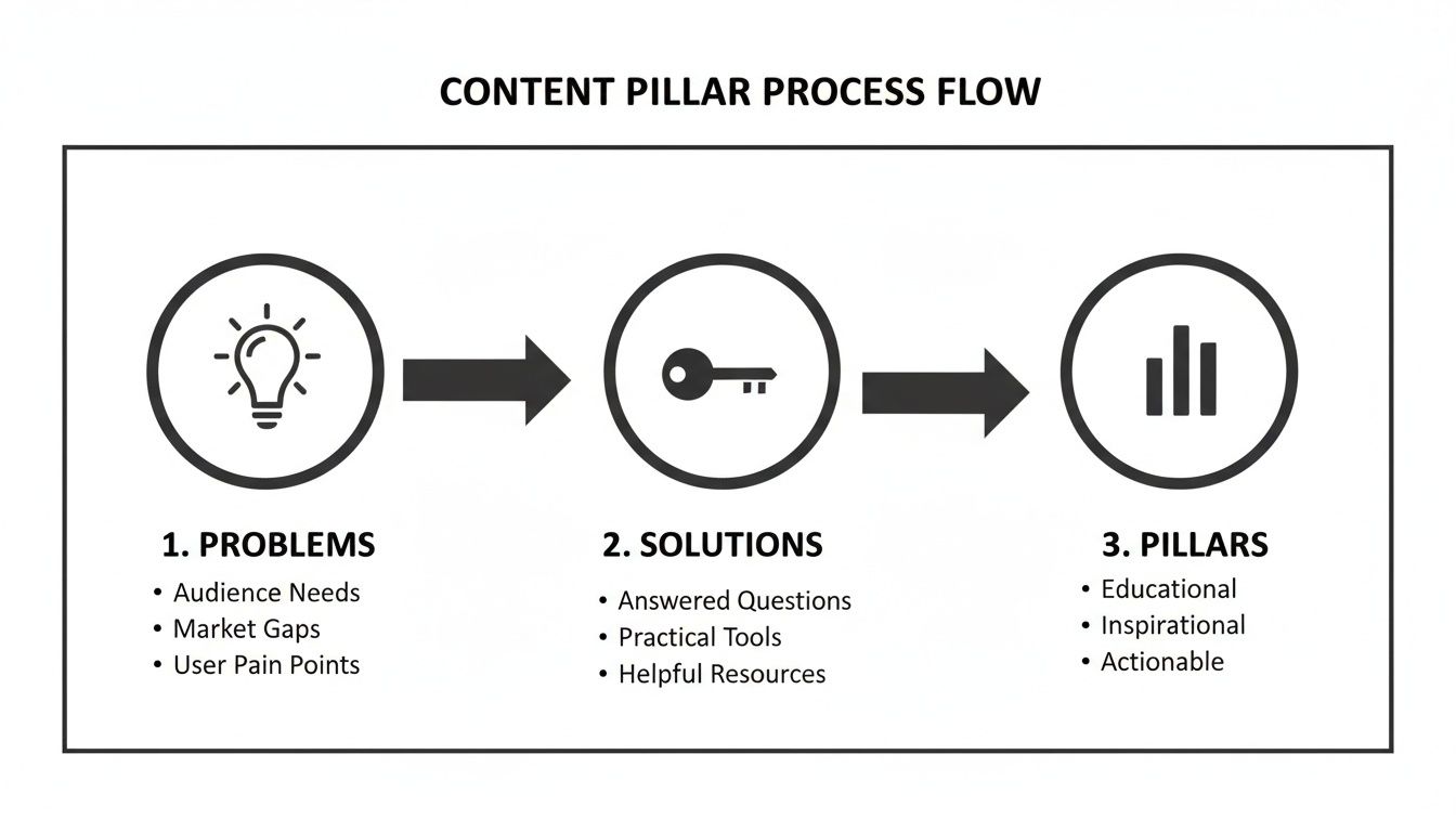 A content pillar process flow diagram illustrating problems, solutions, and key content pillars.