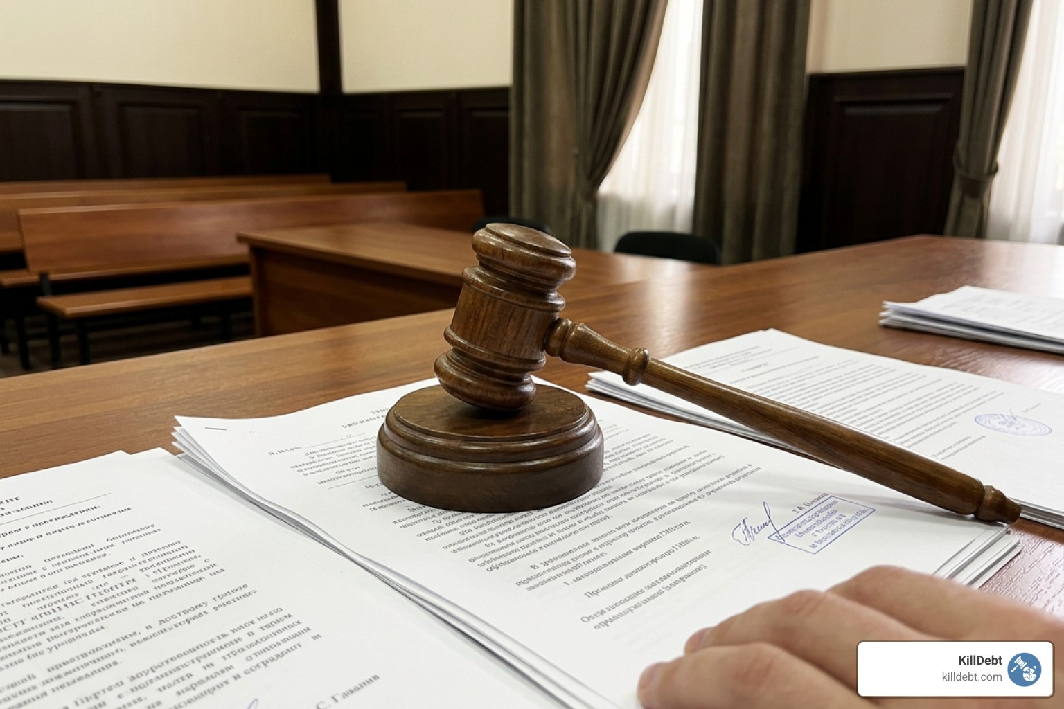 A courtroom gavel sitting on top of legal documents representing a debt lawsuit victory