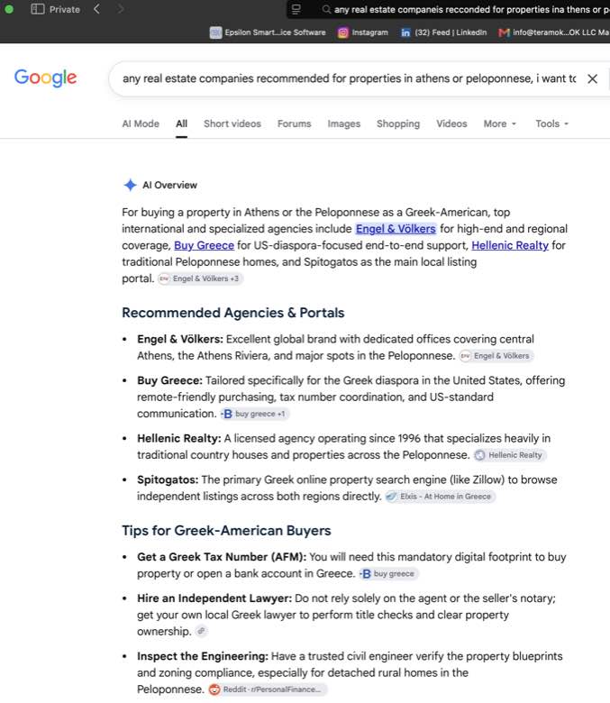 Google AI Overview, August 2026: BUY GREECE named among recommended agencies for Greek-American buyers, and cited as a source for the answer itself.